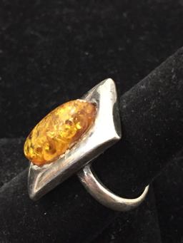 Antique Sterling Silver & Butterscotch Baltic Amber Thick Ring Sz 8