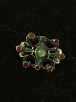 Antique Enamel Lined Front & Back Sterling Silver Brooch Pin W/ Red Garnets & Peridot