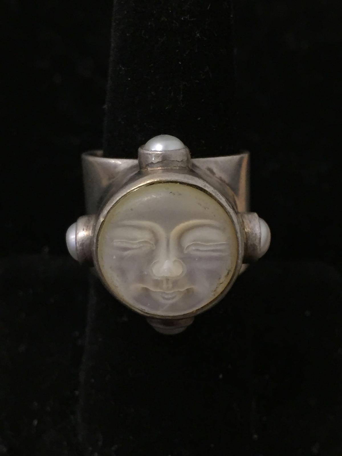 Bali Designer Signed Sajen Sterling Silver Ring W/ Carved MOP Moon Face Sz 7
