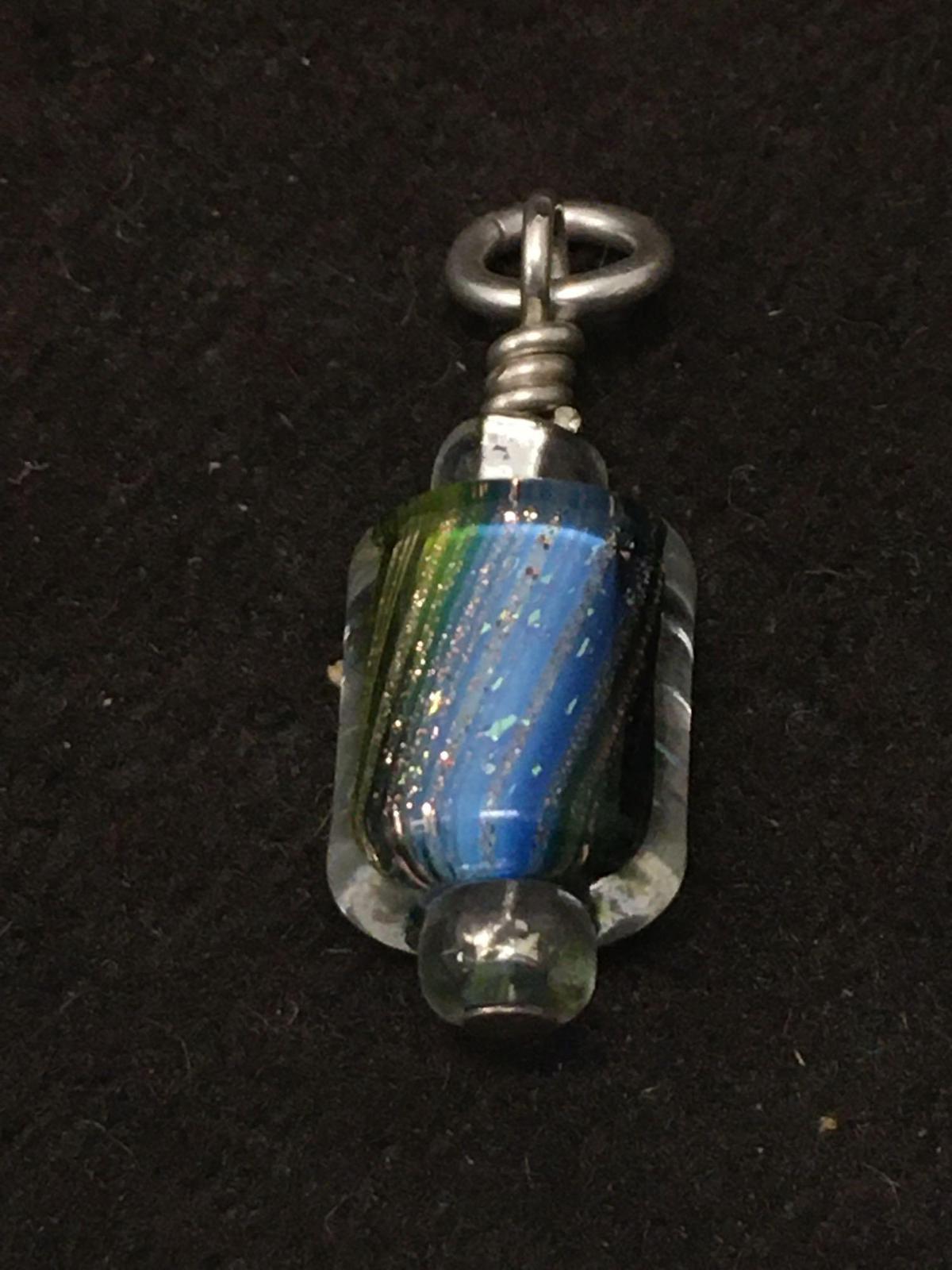 Beautiful Multi Color Green Art Glass Sterling Silver Charm Pendant