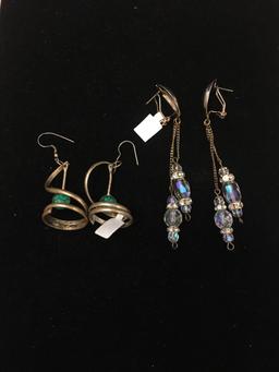 Lot of Two Larger Gemstone Accented Gold-Tone Alloy Pairs of Drop Earrings