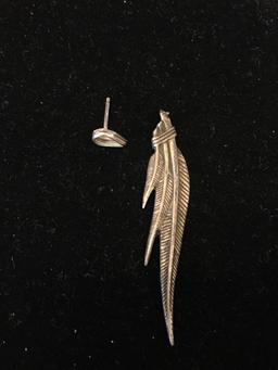 Lot of Two, One Sterling Silver Earring Stud & 2in Long Old Pawn Native American Feather Item