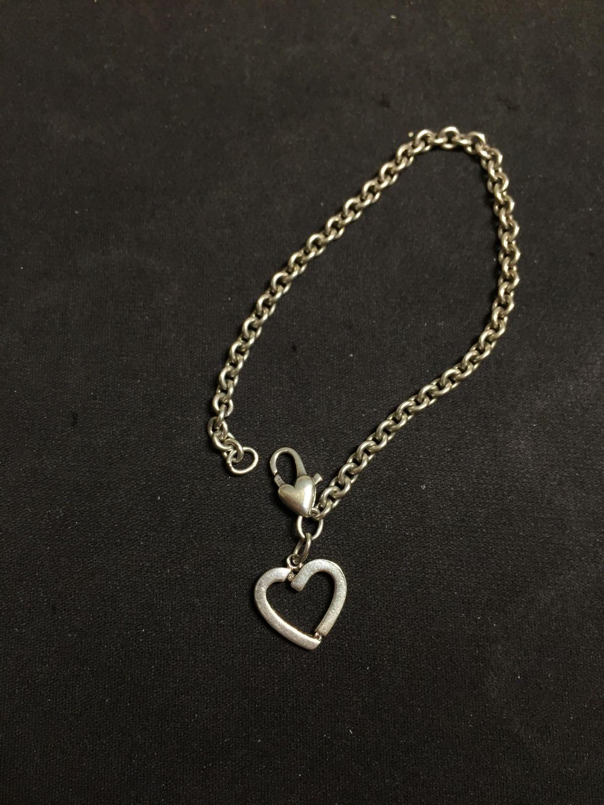 Designer Sterling Silver Marked Heart Charm 7.75 Inch Bracelet