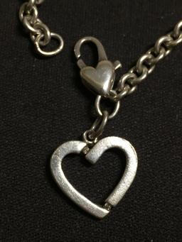 Designer Sterling Silver Marked Heart Charm 7.75 Inch Bracelet