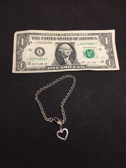 Designer Sterling Silver Marked Heart Charm 7.75 Inch Bracelet