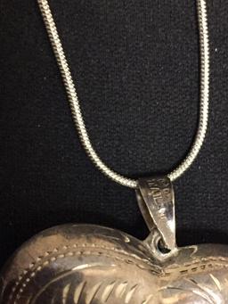 Thai Designed Hand-Engraved 37x28mm Puffy Heart Sterling Silver Pendant w/ 16in Snake Chain