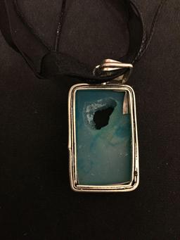 Rectangular 33x20mm Dyed Aqua Druzy Quartz Sterling Silver Pendant w/ Leather & Lace 18in Cord