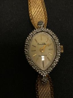 Pierre Vallee Designed 20x15mm Diamond Accented Bezel Gold-Tone Stainless Steel Watch w/ Bracelet