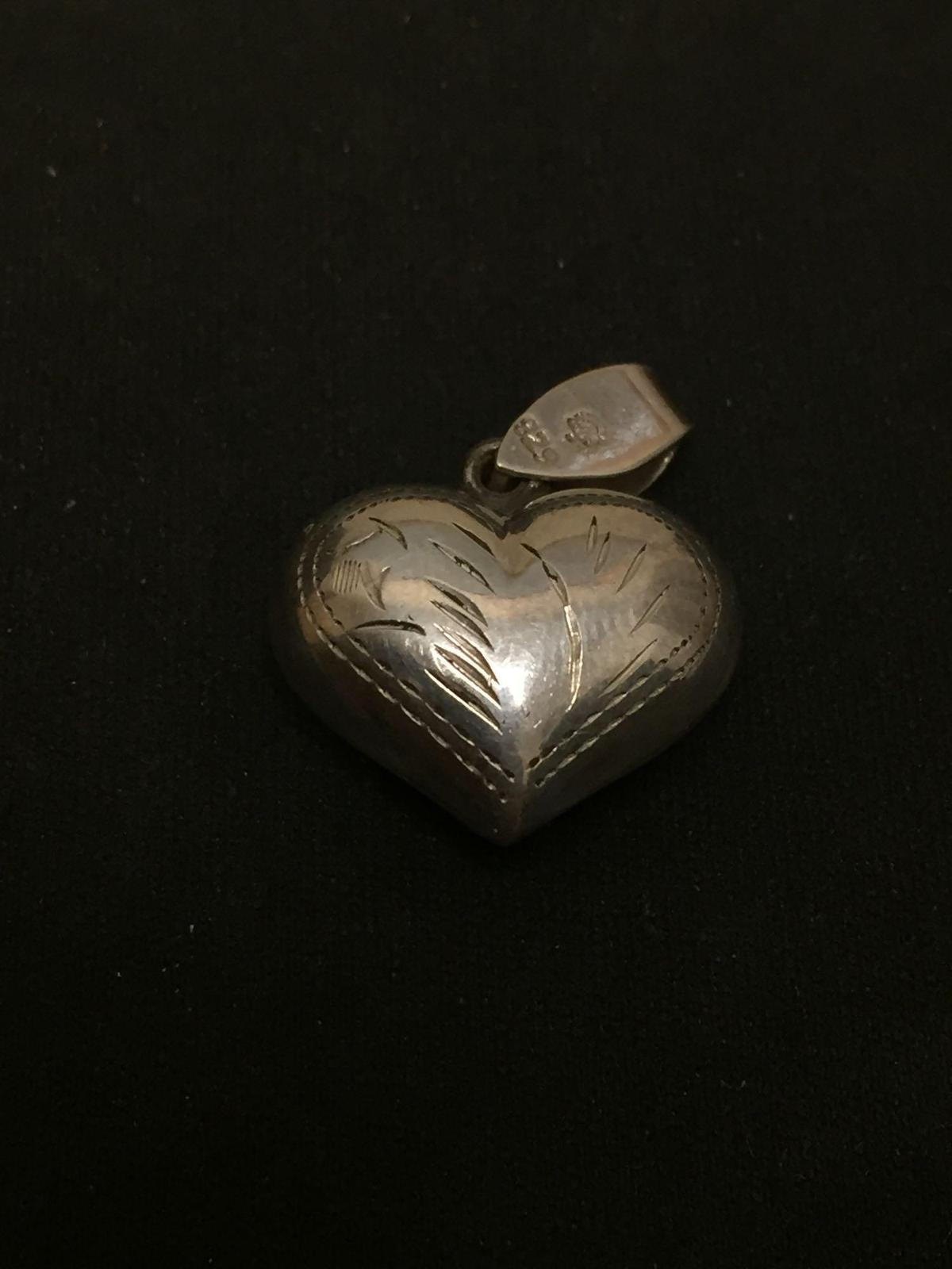 Etched Puffy 3D Heart Sterling Silver Charm Pendant