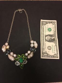 Multi-Colored Faceted Gemstones W/ Druzy Accent & Mabe Pearls Stamped 925 Nickel Silver Necklace