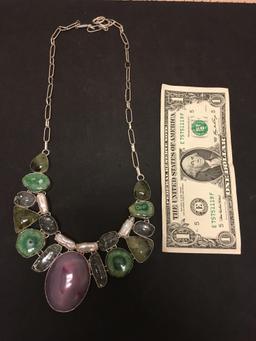 Dyed Purple Oval Agate Cabochon Center w/ Green Druzy, Quartz & Mabe Pearl Accent Stamped 925 Nickel