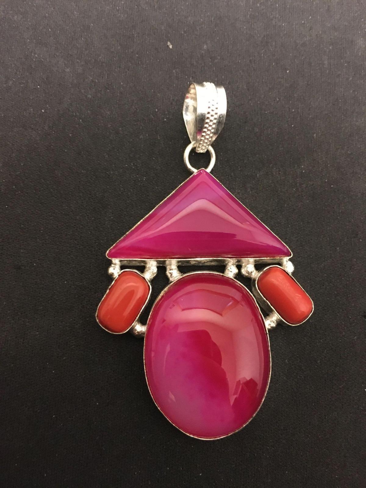 Triangle & Oval Dyed Fuchsia Agate w/ Coral Accented 3in Long Stamped 925 Nickel Silver Pendant