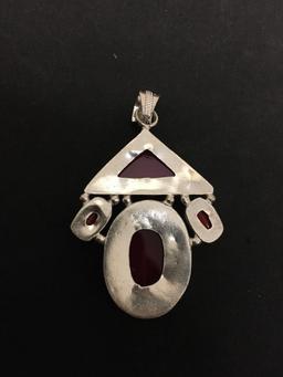 Triangle & Oval Dyed Fuchsia Agate w/ Coral Accented 3in Long Stamped 925 Nickel Silver Pendant