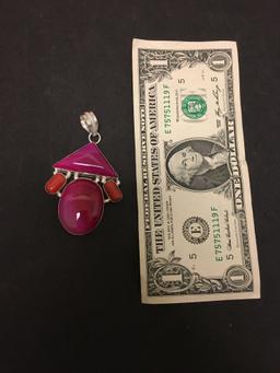 Triangle & Oval Dyed Fuchsia Agate w/ Coral Accented 3in Long Stamped 925 Nickel Silver Pendant
