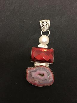 Dyed Pink Druzy w/ Mabe Pearl & Red Foil Back Faceted Gem Accented 2.5in Long Stamped 925 Nickel