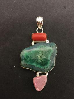 Dyed Green Druzy Center w/ Pink Druzy Drop & Coral Accent 2.5in Long Stamped 925 Nickel Silver