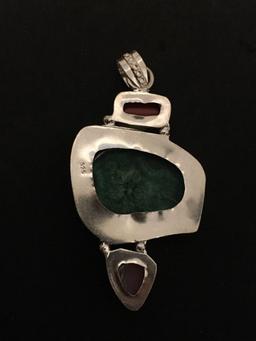 Dyed Green Druzy Center w/ Pink Druzy Drop & Coral Accent 2.5in Long Stamped 925 Nickel Silver