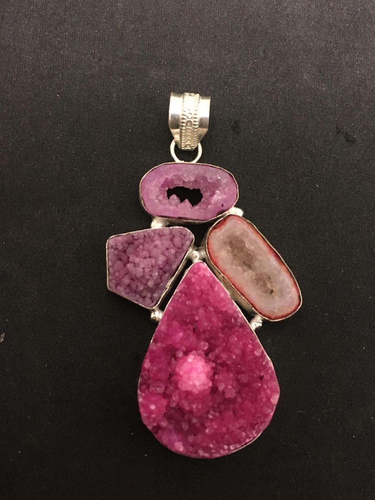 Pink & Purple Dyed Druzy Accented 3in Long Stamped 925 Nickel Silver Pendant