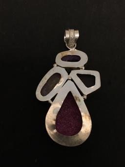 Pink & Purple Dyed Druzy Accented 3in Long Stamped 925 Nickel Silver Pendant