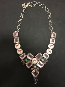 Murano Glass Bead Featured w/ Faceted Rose Quartz & Dragonfly Accents Stamped 925 Nickel Silver