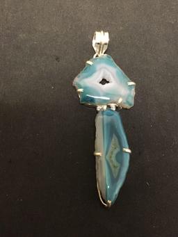 Rough Shaped Dyed Blue Druzy Agate 3.0in Long Stamped 925 Nickel Silver Pendant