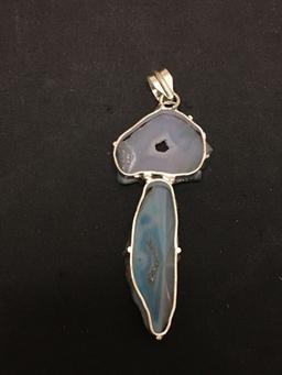 Rough Shaped Dyed Blue Druzy Agate 3.0in Long Stamped 925 Nickel Silver Pendant