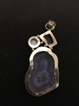 Rough Shaped Lavender Dyed Druzy Slice w/ Sodalite & Pearl Accents 2.5in Long Stamped 925 Nickel