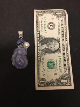 Rough Shaped Lavender Dyed Druzy Slice w/ Sodalite & Pearl Accents 2.5in Long Stamped 925 Nickel