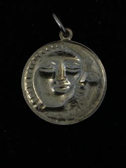 Sun & Moon Motif Round 1in Diameter Embossed Sterling Silver Pendant