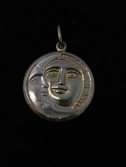 Sun & Moon Motif Round 1in Diameter Embossed Sterling Silver Pendant