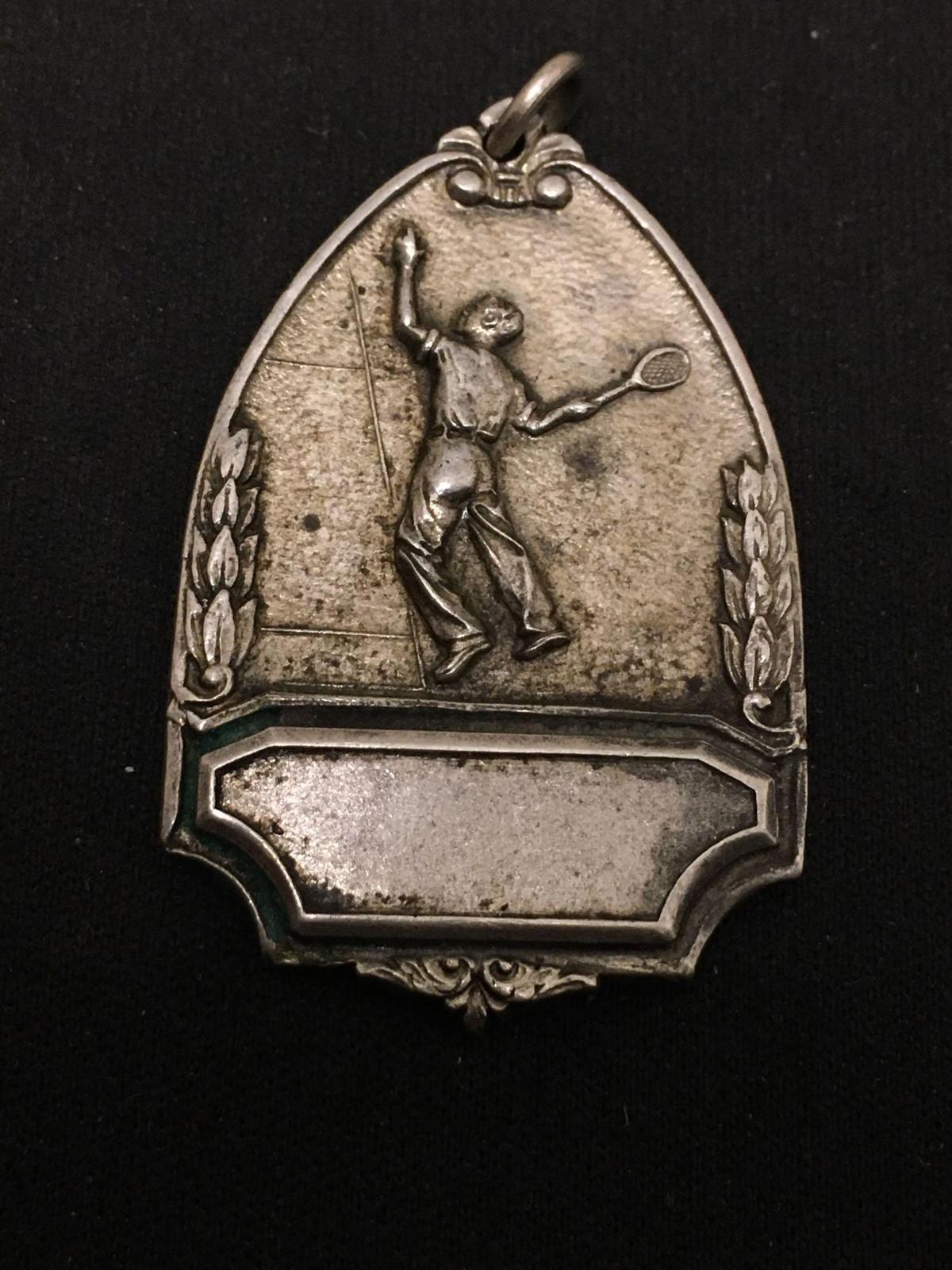 Engravable Dated 1964 Doubles Runner Up Tennis Motif Sterling Silver 1.75 in Tall Medallion