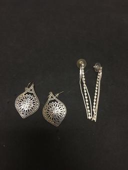 Lot of Two Silver-Tone Alloy Various Shape & Design Pairs of Drop Earrings