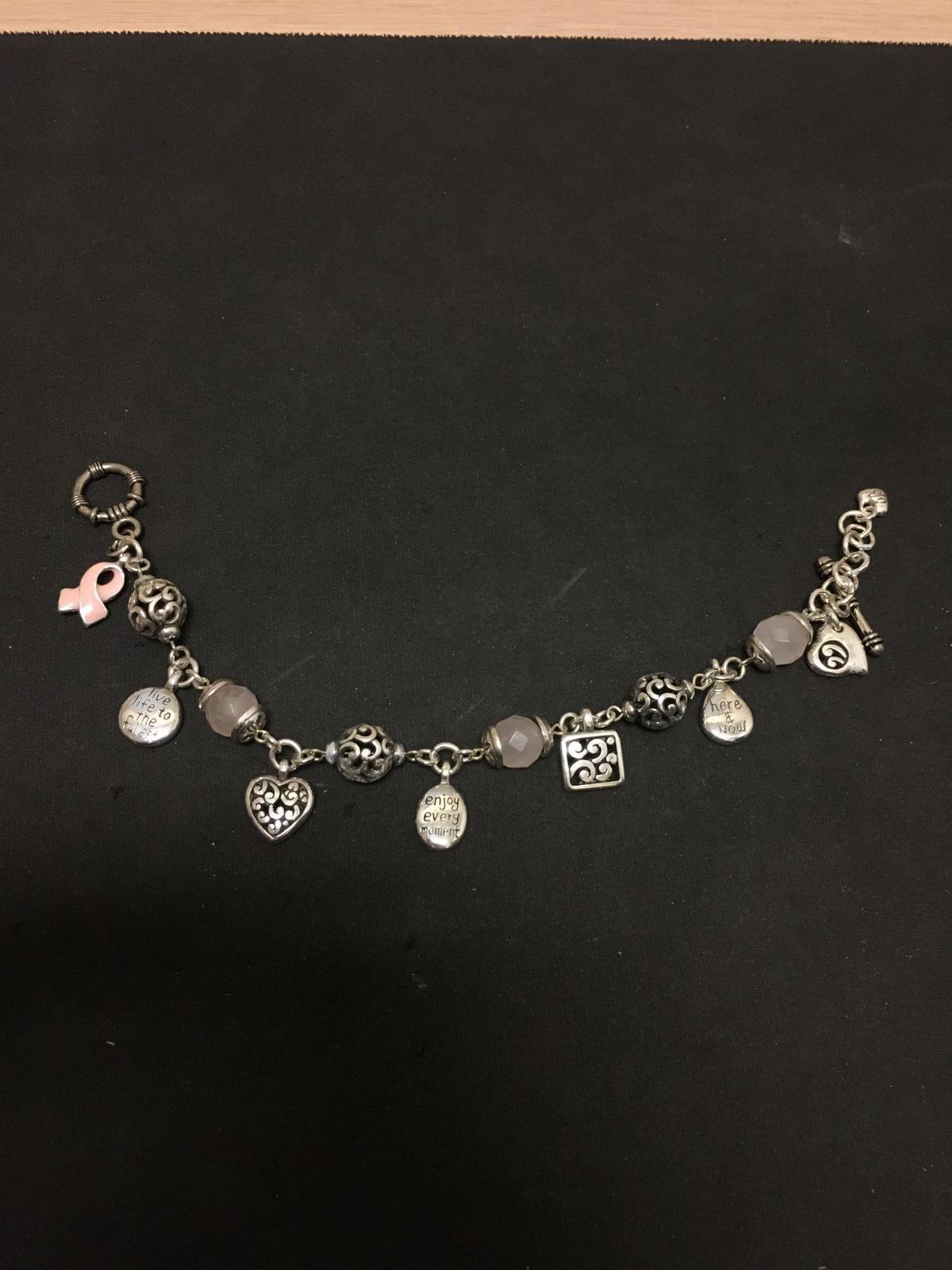 Signed Brighton 9in Long Toggle Bracelet w/ Filigree & Faceted Rose Quartz Beads & Breast Cancer