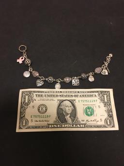 Signed Brighton 9in Long Toggle Bracelet w/ Filigree & Faceted Rose Quartz Beads & Breast Cancer