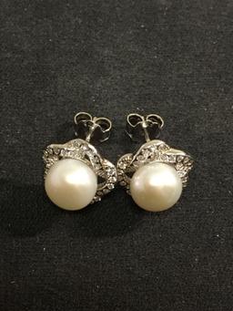 Pearl & White Gemstone Lined Sterling Silver Earrings