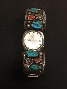 INCREDIBLE Seiko DX Automatic 25 Jewel Watch W/ Heavy Zuni ALW Native American Sterling Silver Bands