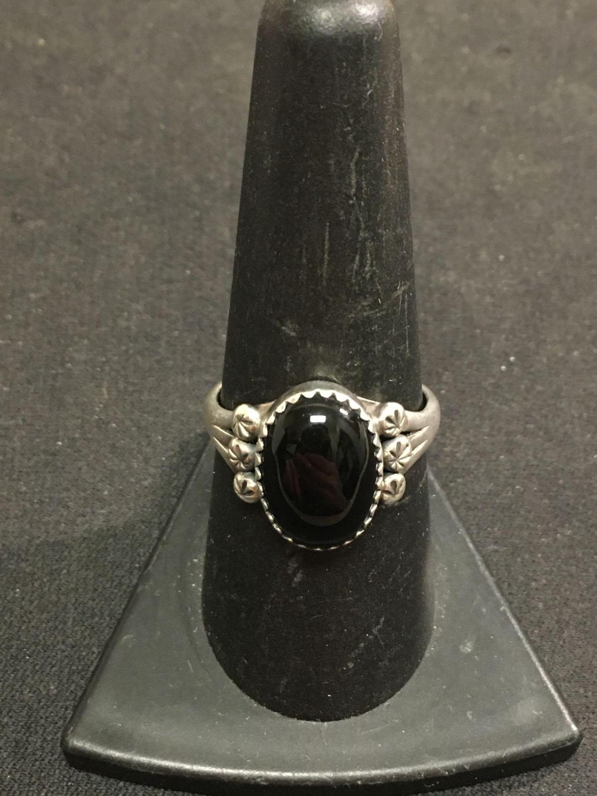 SIGNED Native American Mike A - Sterling Silver & Black Onyx Ring Sz 8.5