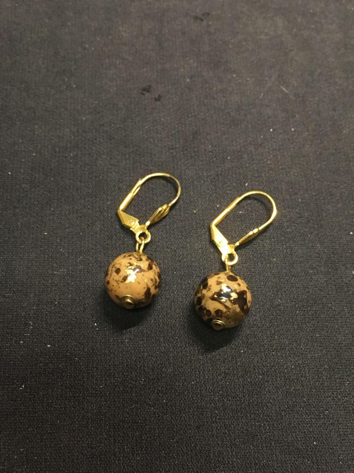 Gold Plated Pair of 1.5in Drop Earrings w/ Brown Faux Gem Bead