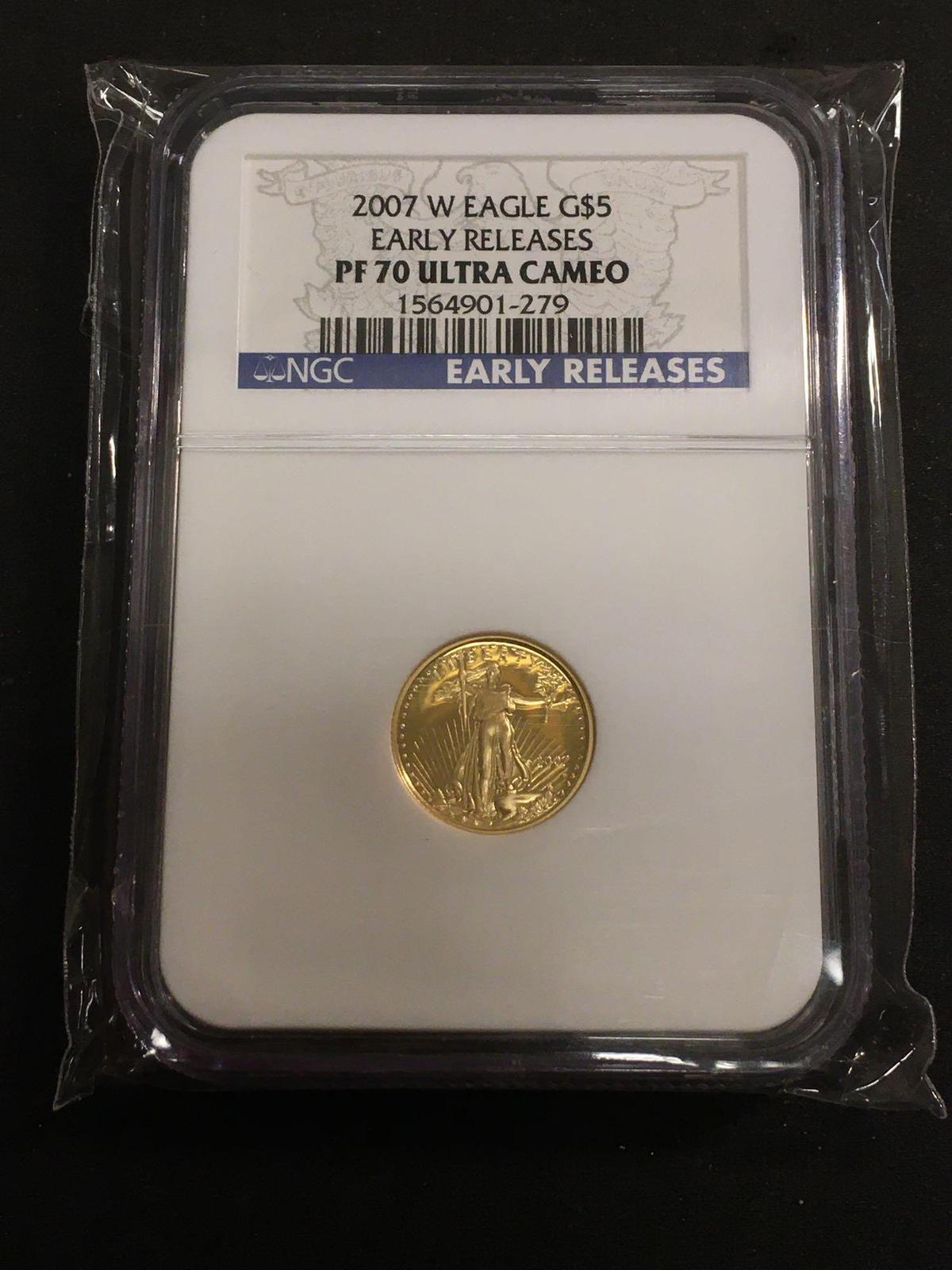 NGC Graded 2007-W American $5 Eagle PF70 Ultra Cameo Early Release 1/10th OZ .999 Fine Gold Coin