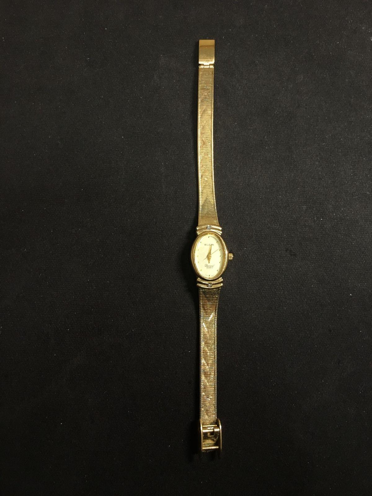 Elgin Designer Oval 20x16mm Gold-Tone Bezel Diamond Accented Stainless Steel Watch w/ Bracelet