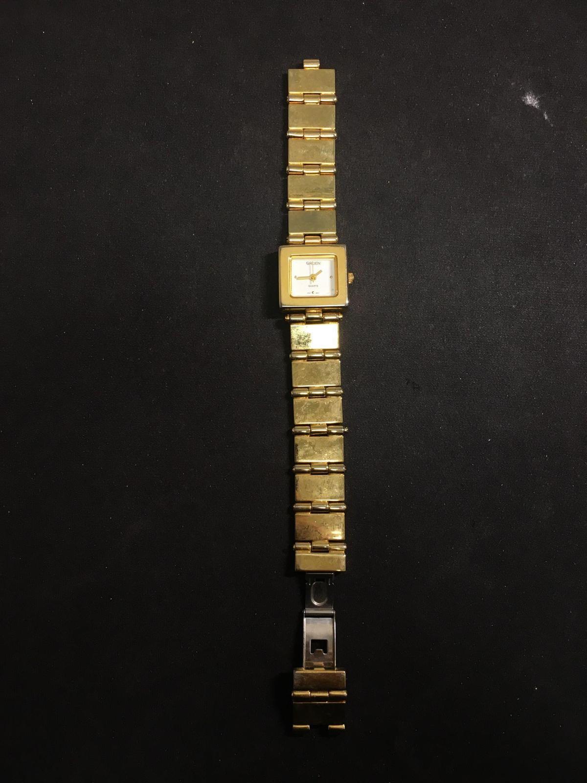 Gruen Designer Rectangular 23x21mm Gold-Tone Bezel Stainless Steel Watch w/ Bracelet