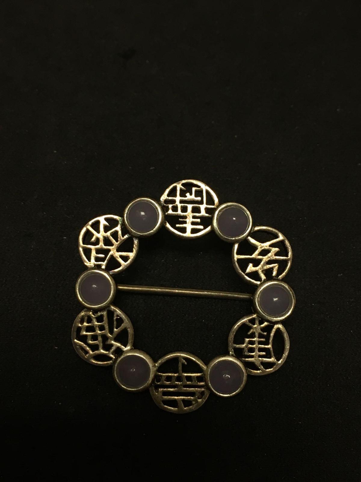 Round 1.5in Diameter Asian Character Motif w/ Lavender Jade Cabochon Accents Sterling Silver Brooch