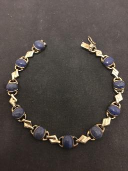 7.5 Inch Sterling Silver & Blue Lapis Lined Vintage Bracelet - 15 Grams