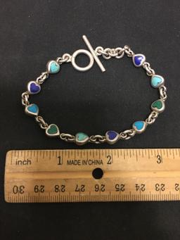 Old Pawn Multi Stone Inlay Sterling Silver 8" Toggle Chain Bracelet - 19 Grams