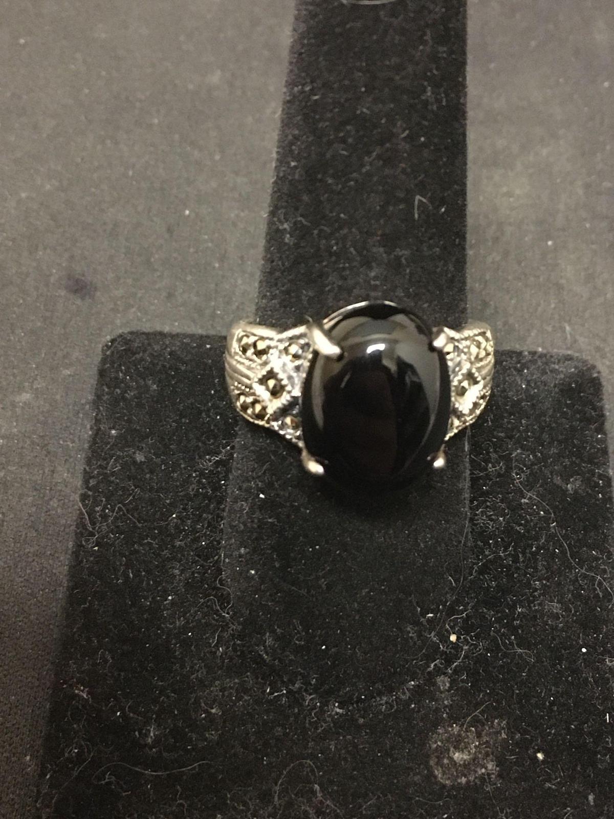 AVON Marcasite & Black Onyx Sterling Silver Cocktail Ring Sz 9