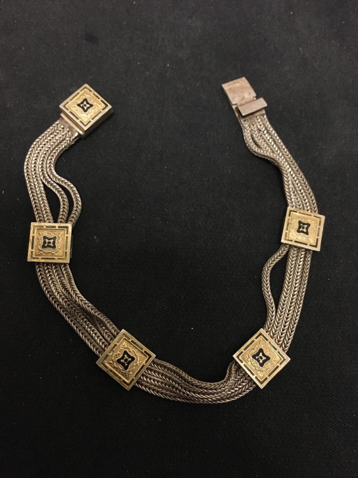 Antique Designed Sterling Silver & Gilted Enamel Chain Bracelet - 7"