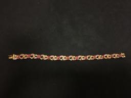 WOW Mulit Gemstone Lined (Rubies) Sterling Silver 8" Tennis Bracelet