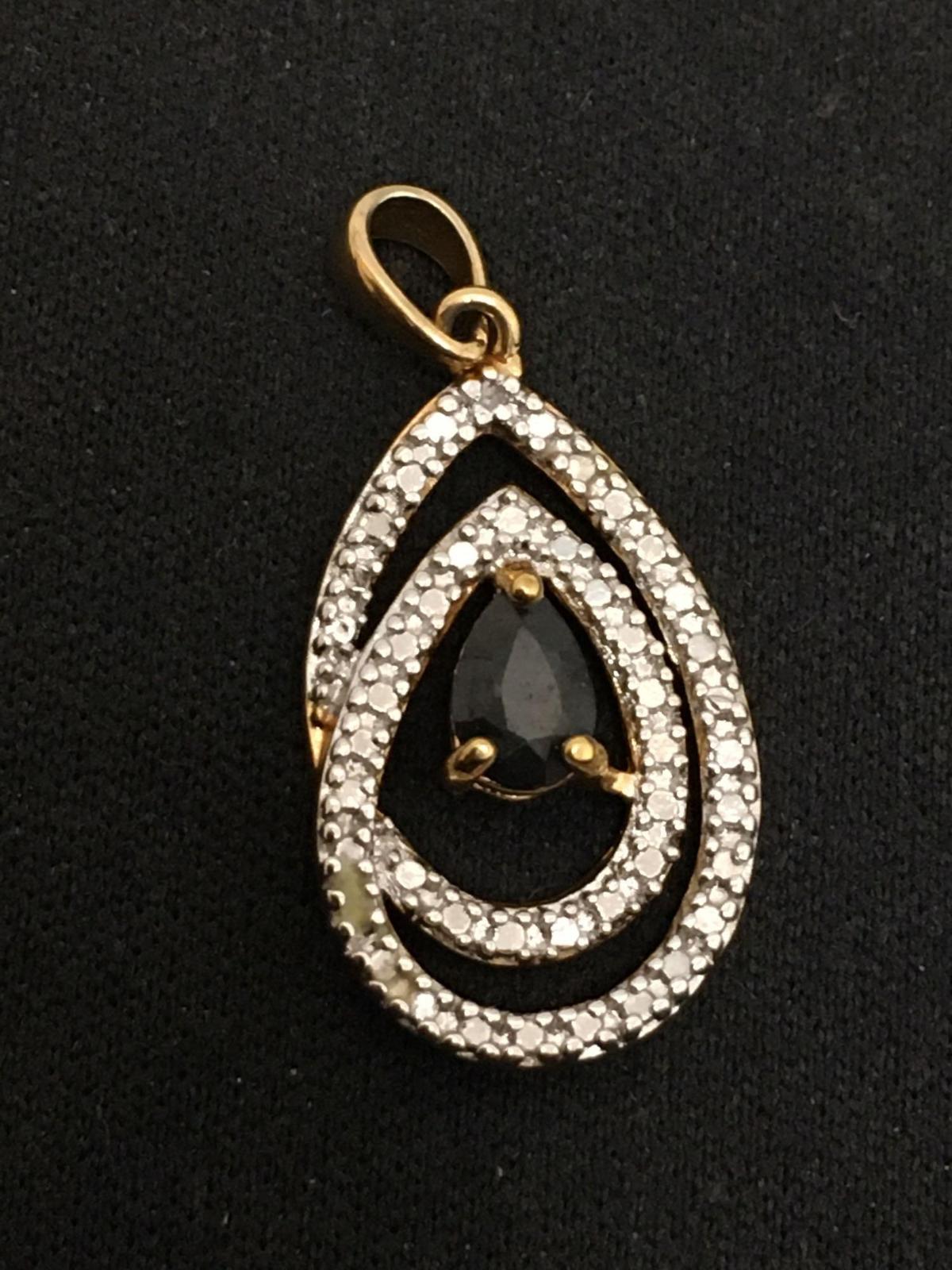 Sapphire & Diamond Teardrop Sterling Silver Pendant