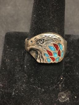 Native Style Incredible Inlaid Turquoise & Red Coral Sterling Silver Eagle Ring Sz 11.5