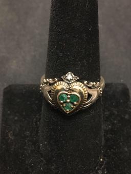 EMERALD & DIAMOND Designer CC Sterling Silver Heart Ring Size 8
